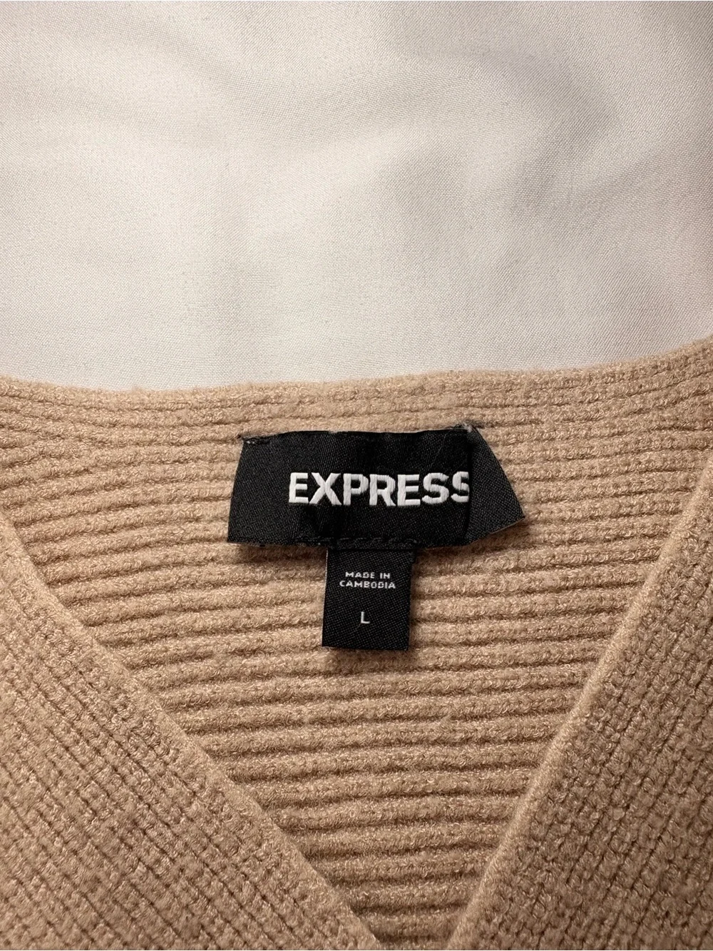 Express Tan Ribbed Wrap-Front Long Sleeve Midi Dress - Picture 3 of 5